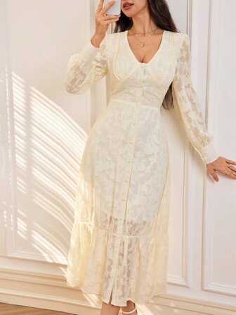 Elegant Women's V-Neck Lace Button Long Sleeve A-Line Dress, Spring/Summer