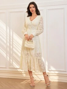 Elegant Women's V-Neck Lace Button Long Sleeve A-Line Dress, Spring/Summer - Beige - View 6