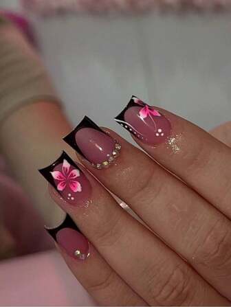 24Pcs/Set New Short Square Press-On Nails Diy Rhinestone Decorated Nails For Women, Winter Stylish Nail Art Kit Include 1Pc Nail File & 1Pc Jelly Gel Nail, Gift Box Suitable For Girls, Holiday, Wedding, Party Nail Supplies Nails