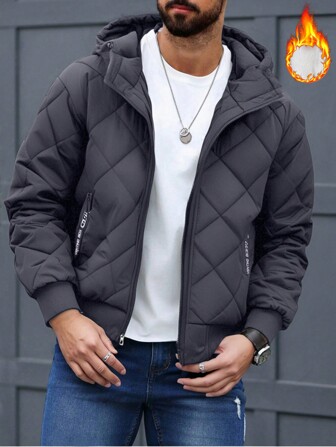 1pc Men's Winter Thermal Lined Hooded Coat, Streetwear Casual Outdoor Sports Padded Coat, Solid Color