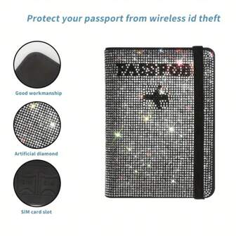 1 件人造钻石女士钥匙包手提包护照套，旅行护照套，女士 PU 皮革闪亮水钻卡套