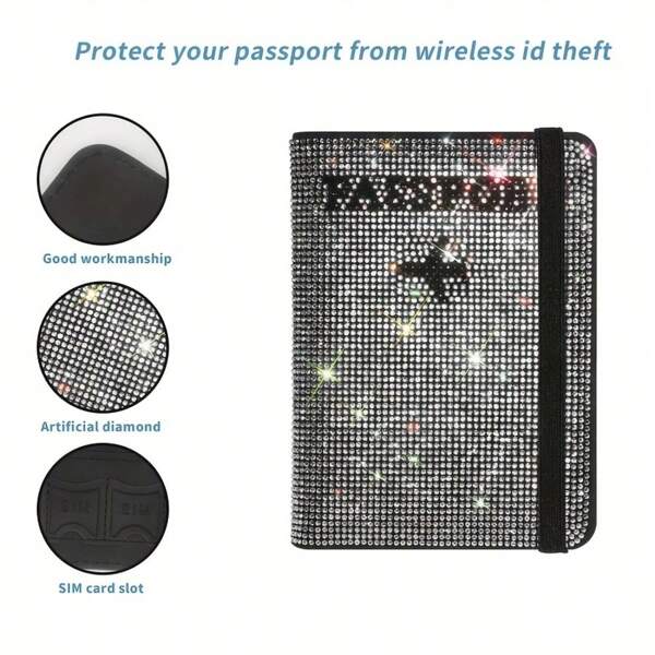 1 peça de capa para passaporte com chave de diamante sintético para mulheres, capa para passaporte de viagem, capa para cartão de Pu brilhante com strass para mulheres