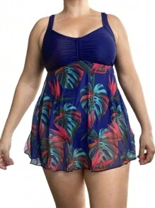 Plus Size Swimsuit With Built-In Skirt - 藏蓝色 - 查看 3