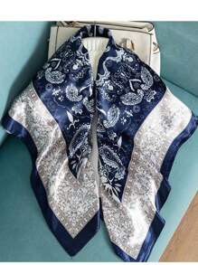 Lenço Cetim Para Cabeça Pescoço Bolsa Moda Fashion Padrão Retrô 90cm x90cm Azul-marinho - Azul Marinho - Visão 3