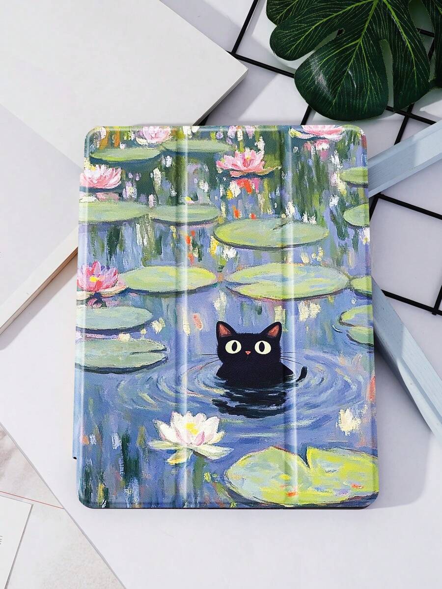 油画猫保护套兼容 iPad 10.2 英寸 2021/2020 iPad 第 9/8 代，兼容三星 Galaxy Tab A8 10.5 英寸 2022，标签保护套，带笔架，支持自动睡眠/唤醒盖