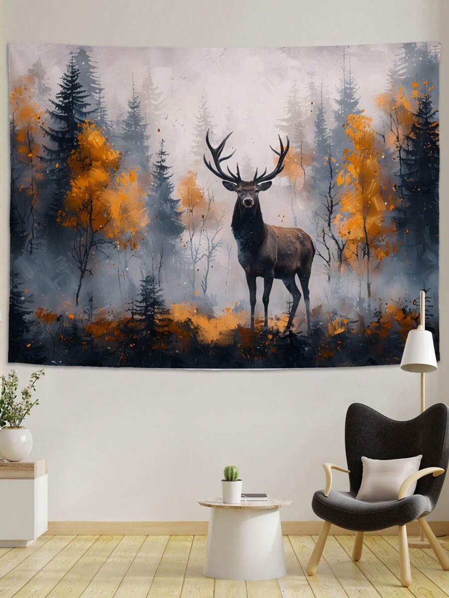 1 pièce Tapisserie murale décorative avec imprimé de forêt, d'arbre et d'antilope, convient pour la décoration du salon, de la salle à manger et de la chambre à coucher - Multicolore - Voir 1