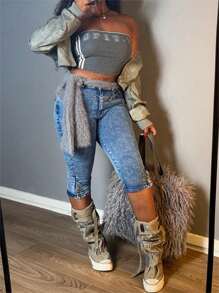 Women Slim-Fit Stretchy Capri Jeans, Elastic Button Jeans, Side Button Embellished, Skinny Pants, Women's Clothing And Jeans - 中等水洗藍 - 查看 2