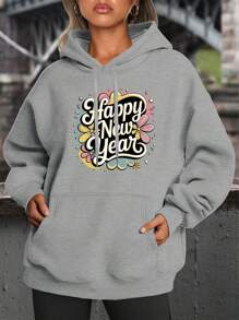 Happy New Year Printed Fleece Hoodie Men's And Women's Cotton Sweater Suitable For All Seasons - 灰色 - 查看 1