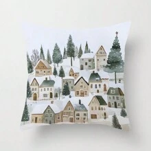 1 件水彩卡通圣诞雪屋冬屋树柔软毛绒印花抱枕套，适用于家庭、房间、卧室、庭院花园、客厅、汽车、沙发装饰，时尚舒适，采用柔软亲肤面料（不含枕芯）。改善睡眠质量，提供安全感，促进身体放松，缓解疲劳，减轻压力，优雅美观，可拆卸和清洗。