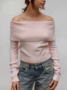 Suéter hombros descubiertos para mujer, de manga larga, entallado, con pliegues, de tejido de punto, informal, para otoño, estilo urbano - Rosa - Ver 3