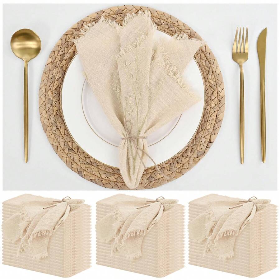 YMHPRIDE 60 Packets Of Napkins Cotton Linen Napkins 16 X 16 Inch Terracotta Cloth Napkins Handmade Tassels Soft Cloth Napkins Washable Country Dinner Cloth Wedding Banquet Table - 米色 - 查看 1