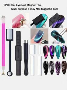 Set de 8 herramientas de arte de uñas, imán especial de succión de ojos de gato súper fuerte, serie de imanes multifuncionales para esmalte de uñas con ojos de gato - Multicolor - Ver 1