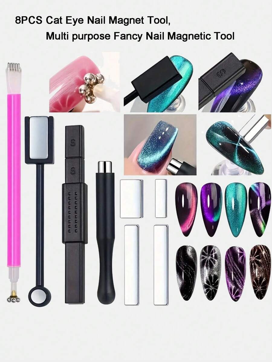 Set de 8 herramientas de arte de uñas, imán especial de succión de ojos de gato súper fuerte, serie de imanes multifuncionales para esmalte de uñas con ojos de gato - Multicolor - Ver 1