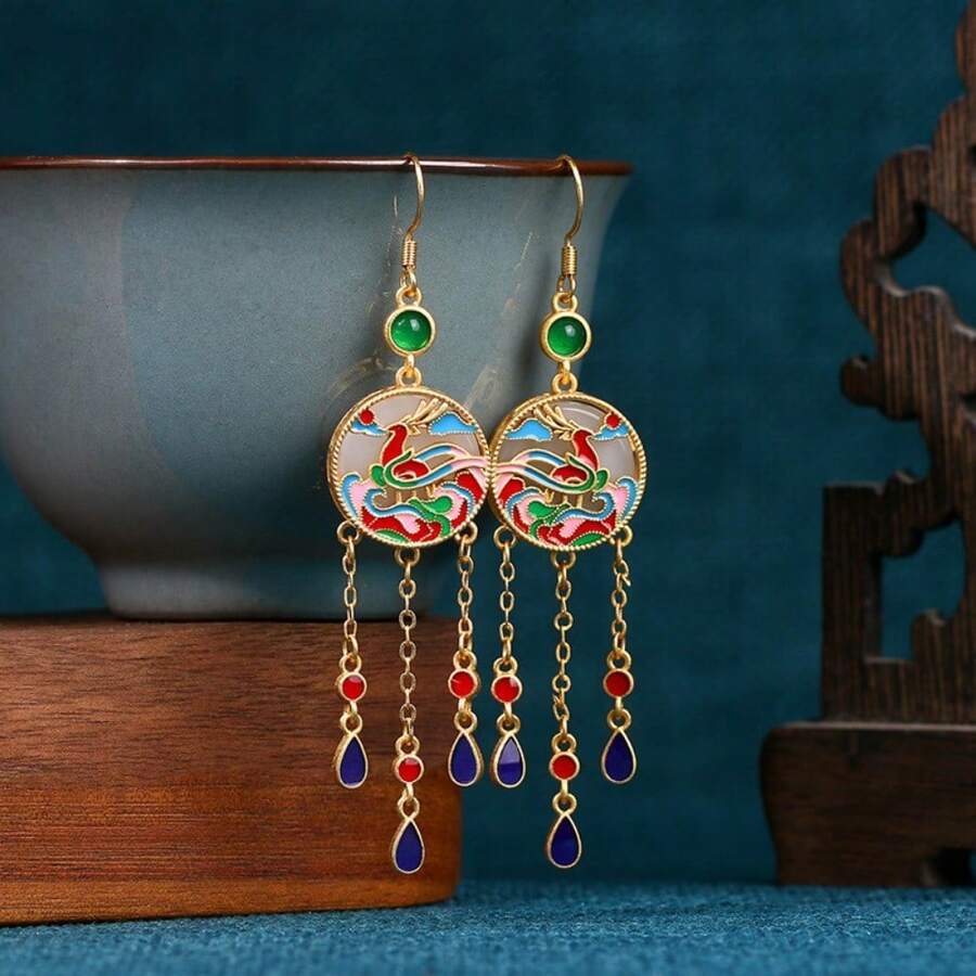 Enamel Glaze, Rising Sun, Imitation Hetian Jade, Peace Buckle, Tassel Earrings - 金色 - 查看 1