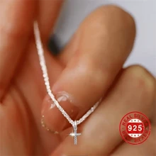 1pc 925 Silver Diamond Necklace, Sparkly Simple Unique Delicate Cross Pendant Necklace, Collarbone Chain - Silver - View 7