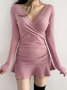 Cuello en V de color sólido de las mujeres de manga larga Ruffle Hem Sexy Casual Vestidos - Rosa - Ver 3