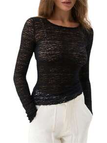 Womens Sheer Lace Tops Slim Solid Color See Through Round Neck Long Sleeve Undershirts Casual Streetwear - Black - View 1