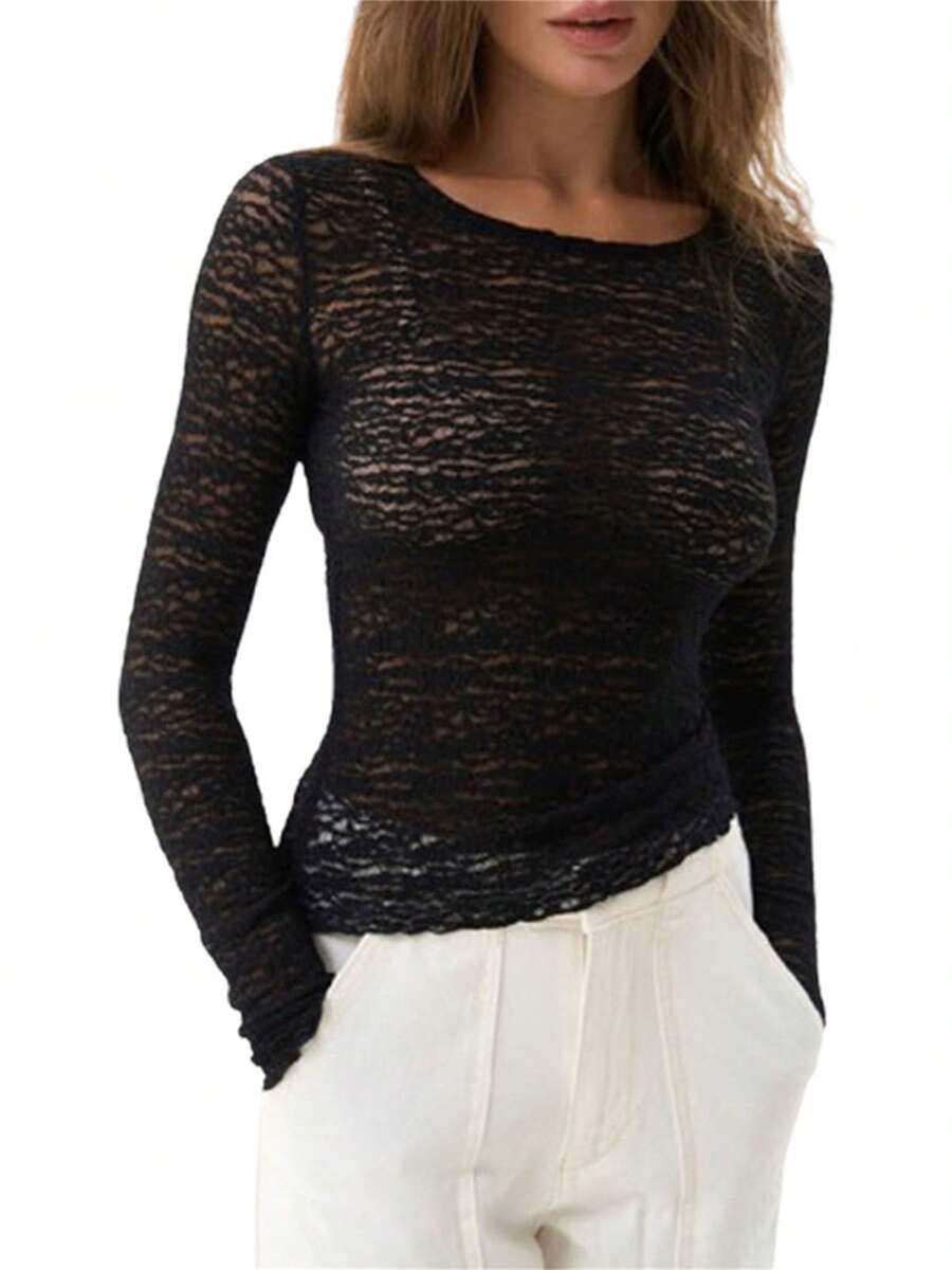 Womens Sheer Lace Tops Slim Solid Color See Through Round Neck Long Sleeve Undershirts Casual Streetwear - Black - View 1
