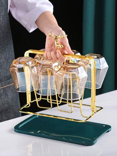 1pc Elegant Iron Deer Cup Holder Drainer Rack, Holds Glasses, Mugs, Tumblers, Perfect Desktop Decor, Home, Kitchen, Living Room, Dining, Bar, Cafe, Suitable For All Seasons