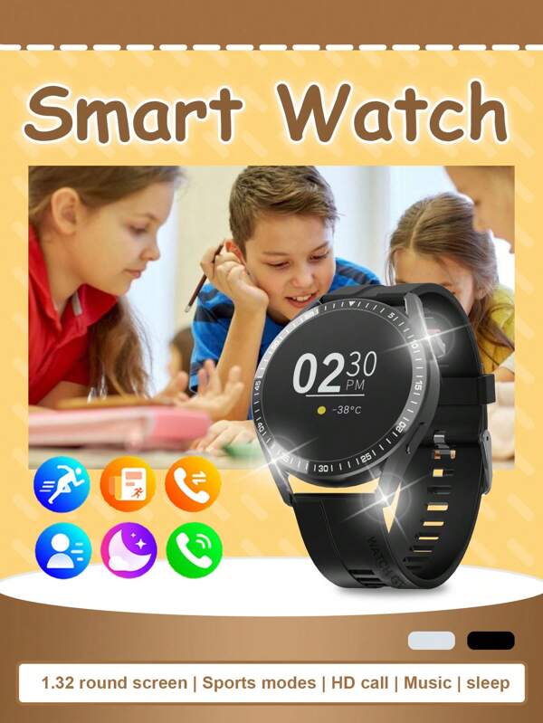 HOT 1pc Multi-Function Silicone Strap Smart Watch para adolescentes e jovens, tela redonda sensível ao toque HD de 1,32" com temperatura corporal, previsão do tempo, Bluetooth, lembrete de informações esportivas, despertador, exibição de data, reprodução de música, alerta de chamada, compatível com Android e IOS, adequado para presentear, escola, esportes, reuniões