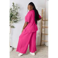 Double Take Full Size Round Neck Slit Top And Pants Set - Black - View 5