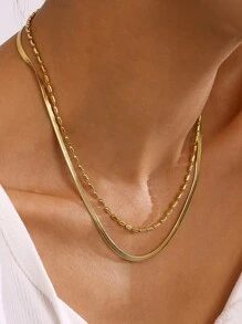 1 件女士时尚双层不锈钢项链米珠链简约日常百搭防水 18K 镀金项链适合通勤等。 - 多層項鍊 - 查看 3