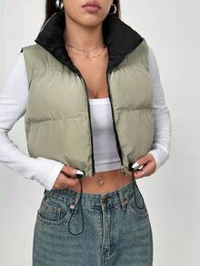 Áo khoác đệm mini không tay cổ đứng màu đen cơ bản dành cho nữ, trang phục nhiều lớp đa năng, thời trang và thường ngày, hoàn hảo để mặc hàng ngày và hoạt động ngoài trời. - màu xanh lá - Xem 3