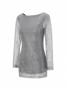 Women Mini Bodycon Dress Sequins Long Sleeve Tie-Up Backless Cocktail Dress Spring Fall Party Dress - 銀灰色 - 查看 5