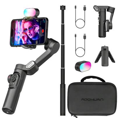 AOCHUAN Phone Gimbal Stabilizer, 3-Axis Stabilizer For Smoother Photography, Equipped With A Fill Light And Extension Rod, Making Low-Angle Camera Movements Easier. Ideal For Travel Shooting, Outdoor Filming, And Short Video Production. For Iphone Android Phone Mobile Phone ,Camera Long Endurance, Intelligent Follow Camera Phone Holder, 381 ° Rotation, Facial Tracking For Smartphone Cellphone Video Record Vlog Video Stabilizer Suitable For Live Streaming,Vlog,Family Gatherings,New Year's Party Shooting,For Handheld Selfie,Outdoor Activities, Interviews Nan ActiveTrack