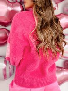 Women Valentine's Day Sweater Heart Pattern Fuzzy Long Sleeve Crew Neck Sweatshirts Loose Pullover Y2k Jumper Tops Fall Winter Clothes For Ladies Streetwear - 玫瑰紅 - 查看 6