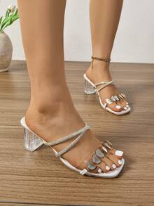 全新穆勒鞋 女式高跟拖鞋 方头简约粗跟水钻装饰穆勒凉鞋 情人节 - 查看 3