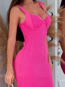 WOMEN'S RETRO KNITTED MIDI DRESS MODAL ELEGANT MODERN - 粉色 - 查看 3