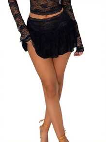 Women Y2K Sheer Lace Ruffle Mini Skirt Low Rise Mesh Ruffle Shorts Micro Skirt Coquette Going Out - Black - View 1