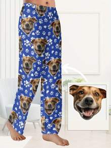 1pc Unisex Novelty And Comfortable Pet Pattern Printed Pajama Pants, Customized, Fall & Winter - Blue - View 5