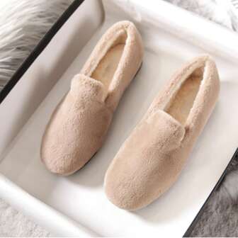 女士平底鞋，带毛皮衬里，温暖厚实，适合户外穿着，休闲柔软面料纹理浅棕色一脚蹬乐福鞋，鞋底柔软舒适