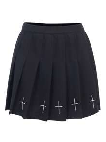 Women High Waist Gothic Punk Mini Skirts, Ladies Cross Pattern Mini Pleated Skirt - màu đen - Xem 4