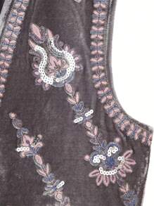 Womens Embroidered Vest Tops Classic Sleeveless Open Front Cardigan Velvet Vest Fall Outwear - Grey - View 6