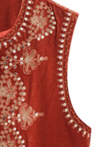 Women Vest, Sleeveless Open Front Embroidery Flower Sequined Outwear Gilet For Casual Street