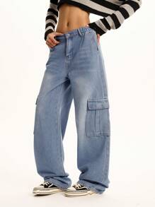 Vintage American Style Multiple Pockets Teen Girl Loose Fit Straight Leg Casual Jeans Pants - Blue - View 10