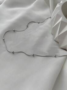 Nooxian 1pc Stainless Steel Round Bead Snake Chain Necklace (Random Bead Quantity) - Silver - View 3