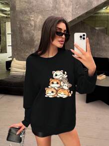 Q-versie schattige katjes print stickers zwart damessweatshirt Curve oversized sweatshirt herfst en winter casual veelzijdige thermische voering oversized sweatshirt met ronde hals losse straatsportstijl lange mouwen geschikt voor koud weer kleding katoen dames plus fluwelen comfort