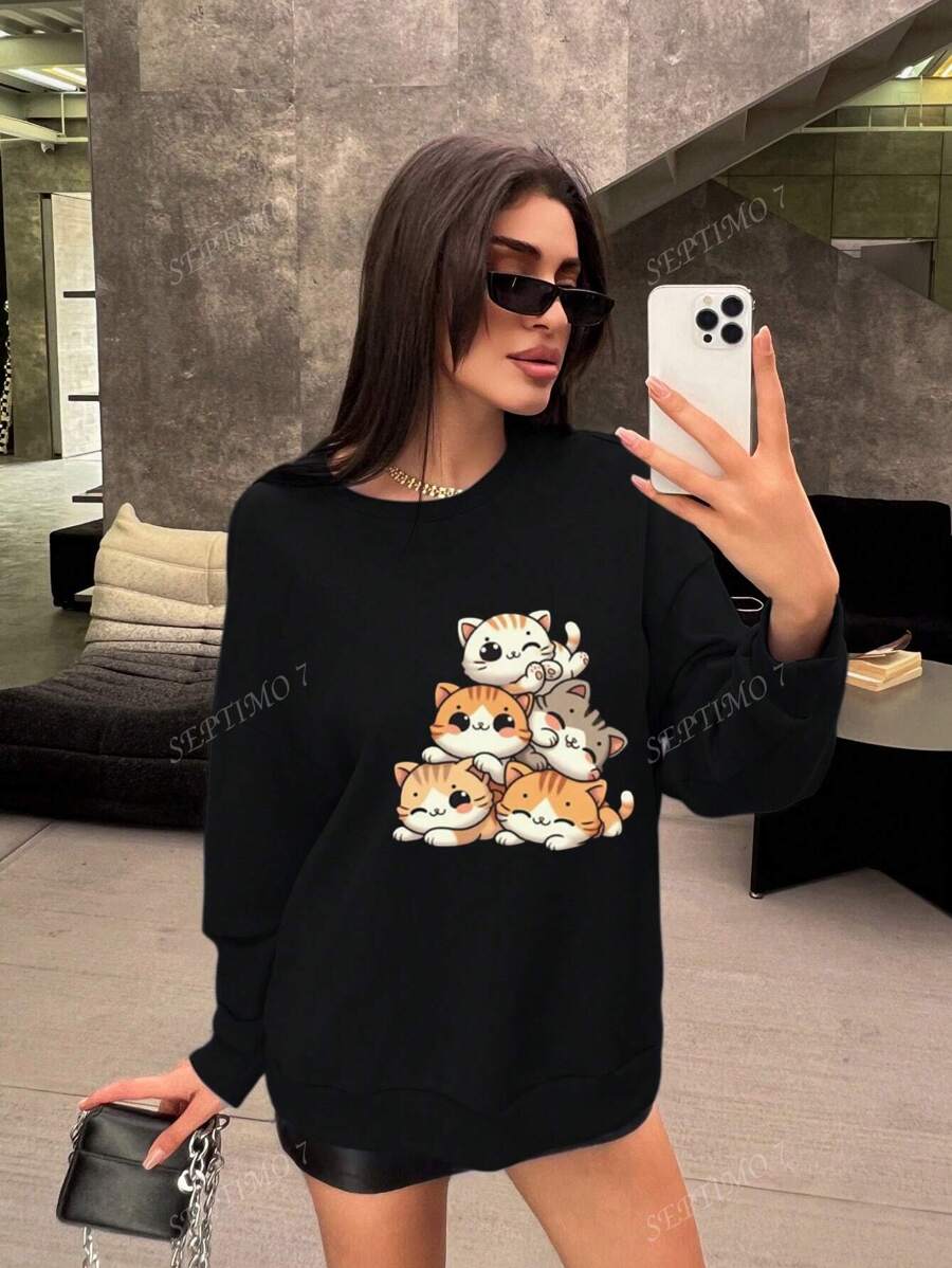 Q-versie schattige katjes print stickers zwart damessweatshirt Curve oversized sweatshirt herfst en winter casual veelzijdige thermische voering oversized sweatshirt met ronde hals losse straatsportstijl lange mouwen geschikt voor koud weer kleding katoen dames plus fluwelen comfort