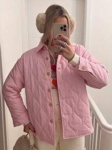Women's Jacket Stripe Collar Buttons Quilted Coat Fall Winter Long Sleeve Padded Jacket Outerwear - Pink - View 6