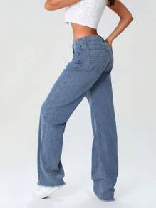 Women's Spring Summer Baggy Pants Solid Color High Waist Loose Wide Leg Denim Pants - Blue - View 9