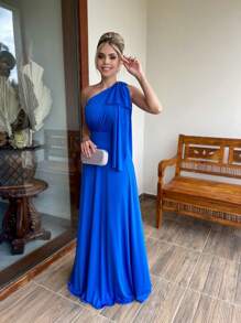 Long Party Dress With Lace, Lined Cups, Comfortable, Elegant, Simple - 寶藍色 - 查看 3