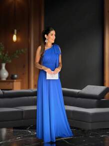 Long Party Dress With Lace, Lined Cups, Comfortable, Elegant, Simple - 寶藍色 - 查看 4
