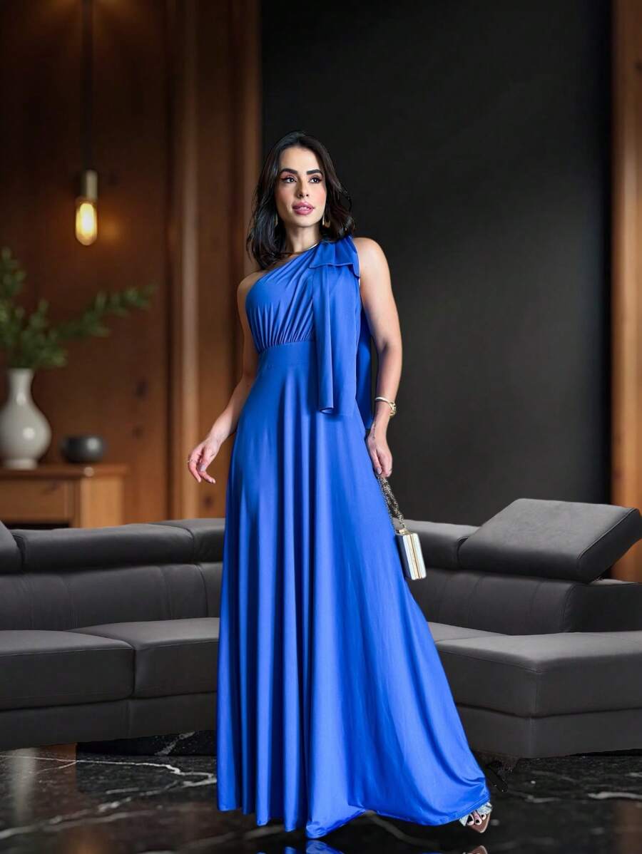 Long Party Dress With Lace, Lined Cups, Comfortable, Elegant, Simple - 寶藍色 - 查看 1
