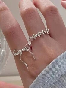 2 piezas Anillos de cinta de lazo en color plateado romántico y adorable estilo Y2K para mujer, anillos de dedo abiertos con líneas geométricas exquisitas, regalo de joyería - corbata de moño - Ver 5