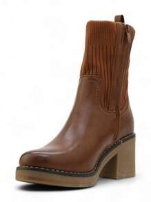Fashionable Elastic Knit Splicing Chunky Mid-Heel Ankle Boots - Camel - View 6
