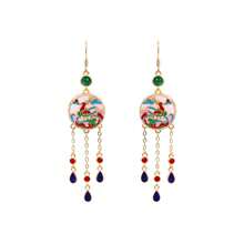 Enamel Glaze, Rising Sun, Imitation Hetian Jade, Peace Buckle, Tassel Earrings - 金色 - 查看 3